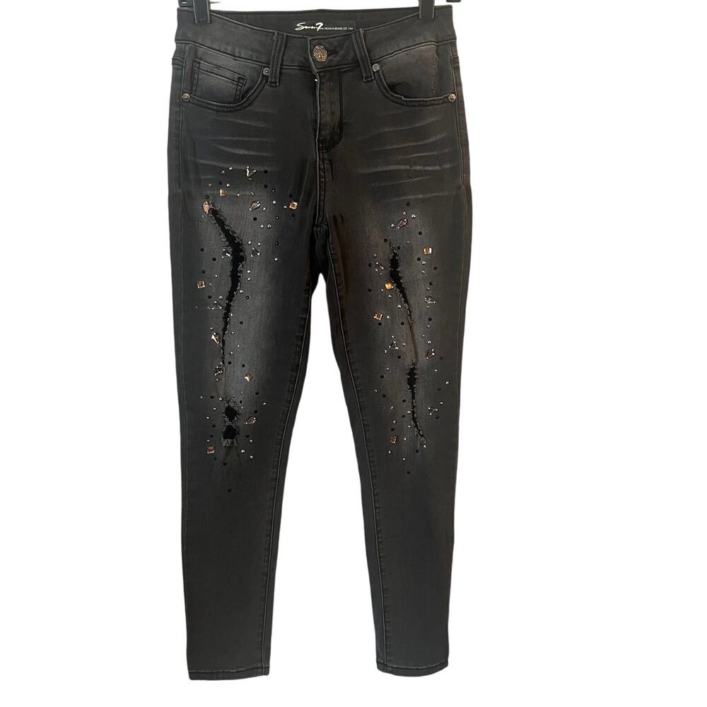 Seven7 Jeans Womens 2 Black Ankle Skinny Distressed Studded Embellished Denim
